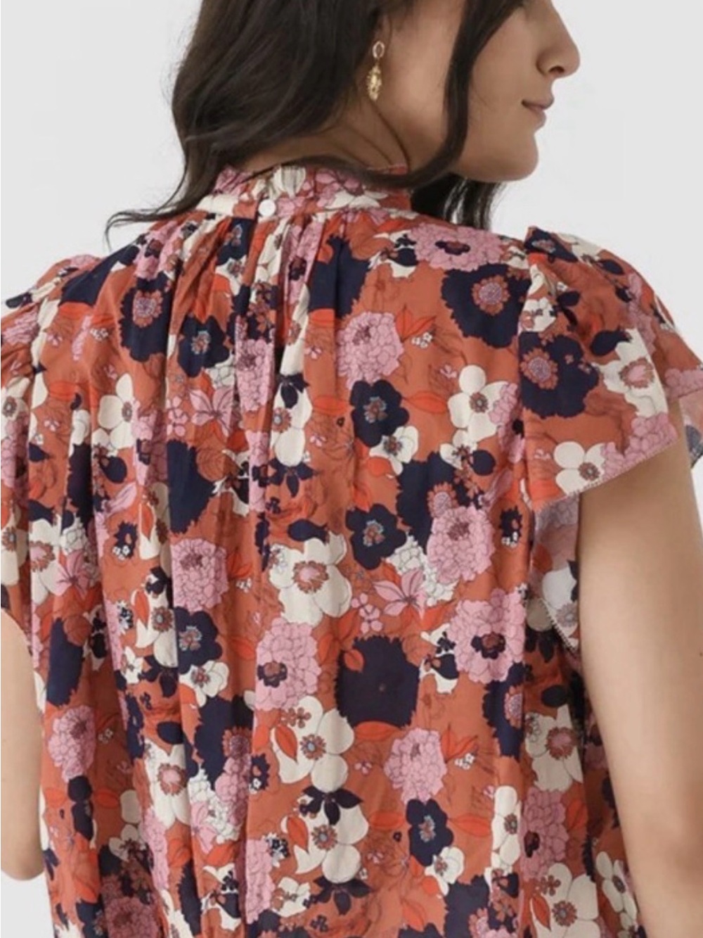 Trovata Floral Ruffle High-Neck Blouse - Rust Pink Navy Cream - Picture 3 of 3
